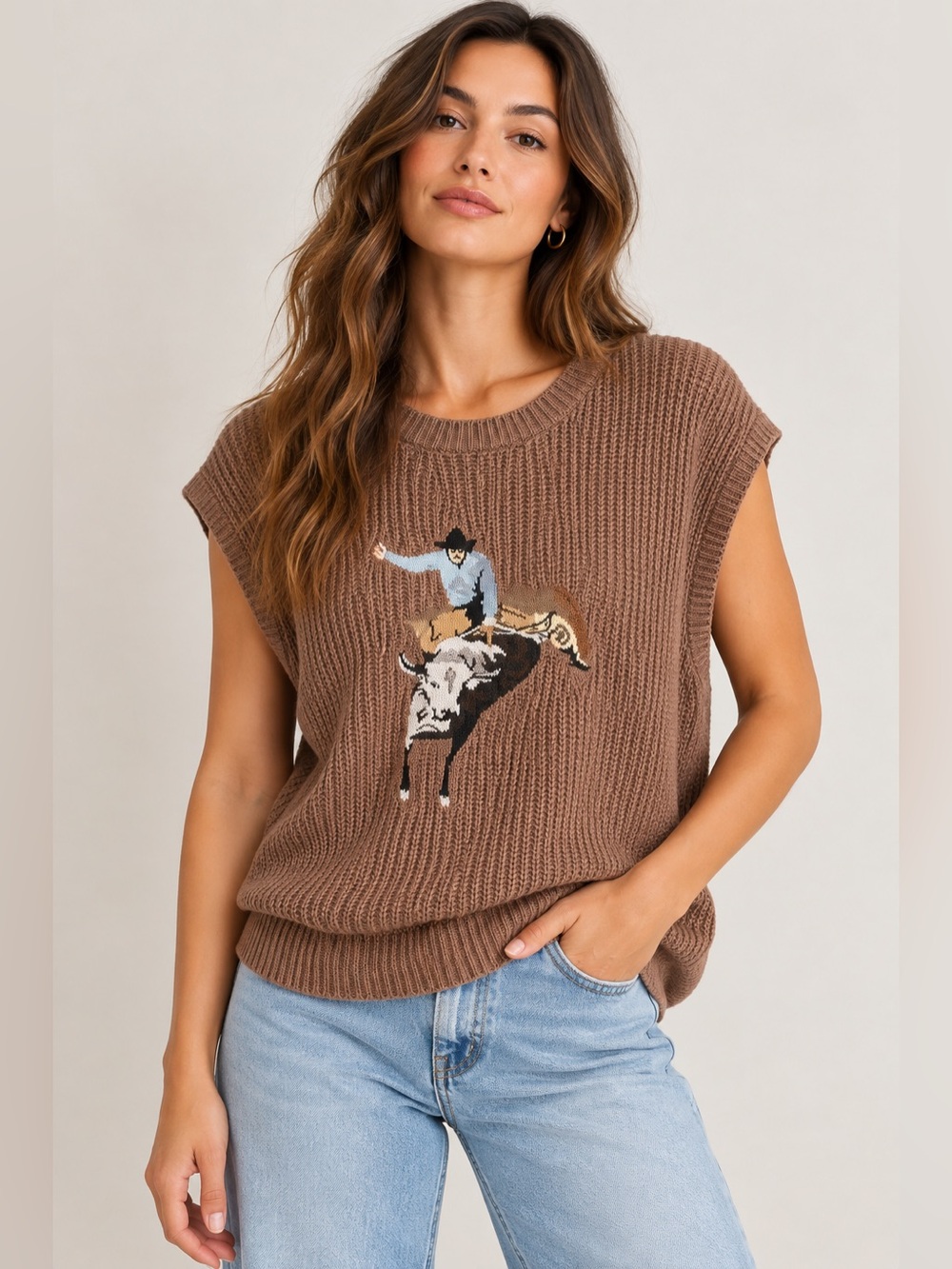 Brown Knit Sleeveless Sweater Vest with Rodeo Cowboy Western Embroidery XL